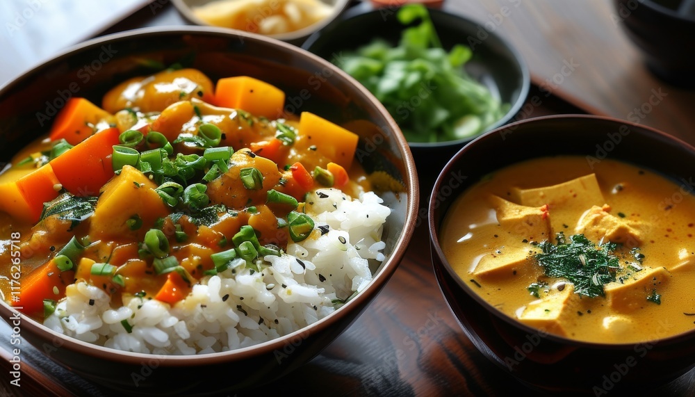 Delicious Japanese Curry Rice Bowl with Vegetables and Tofu in a Beautiful Setting Delicious Japanese Curry Rice Bowl with Vegetables and Tofu in a Beautiful Setting
