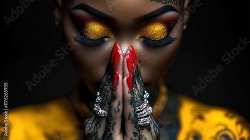 This stunning artwork features a praying woman clad in yellow, adorned with exquisite jewelry, symbolizing grace and devotion, masterfully blending color and emotion into a powerful visual statement. photo