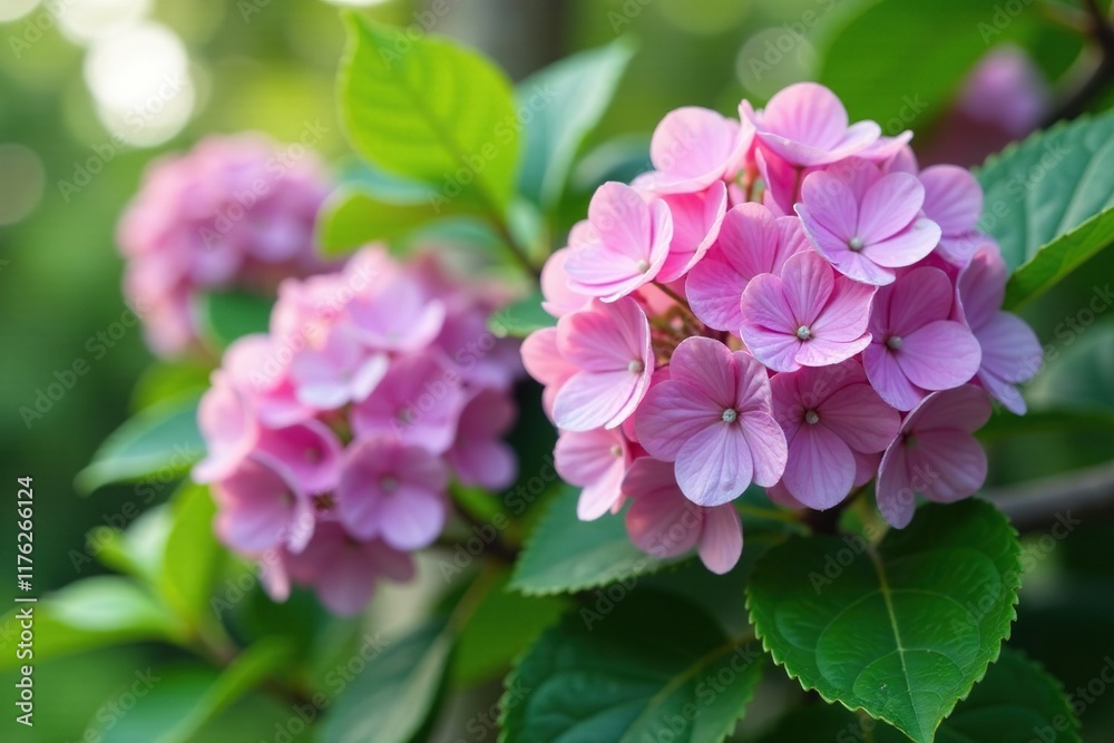 Fototapeta premium Hydrangea flowers in full bloom on tree branch, branches, blooming flowers, hydrangea