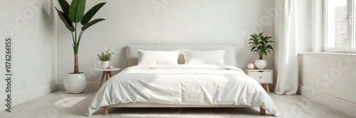 Minimalist bedroom setup with a single white sheet on the bed, space, clean