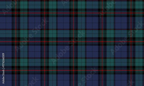 Plaid fabric pattern, blue, green, red, black, modern seamless cross lines pattern for textiles, and for designing clothes, skirts, or decorative fabrics. Vector illustration.