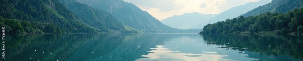 Raindrops fall on tranquil mountain lake surface, peaceful, lake Raindrops fall on tranquil mountain lake surface, peaceful, lake