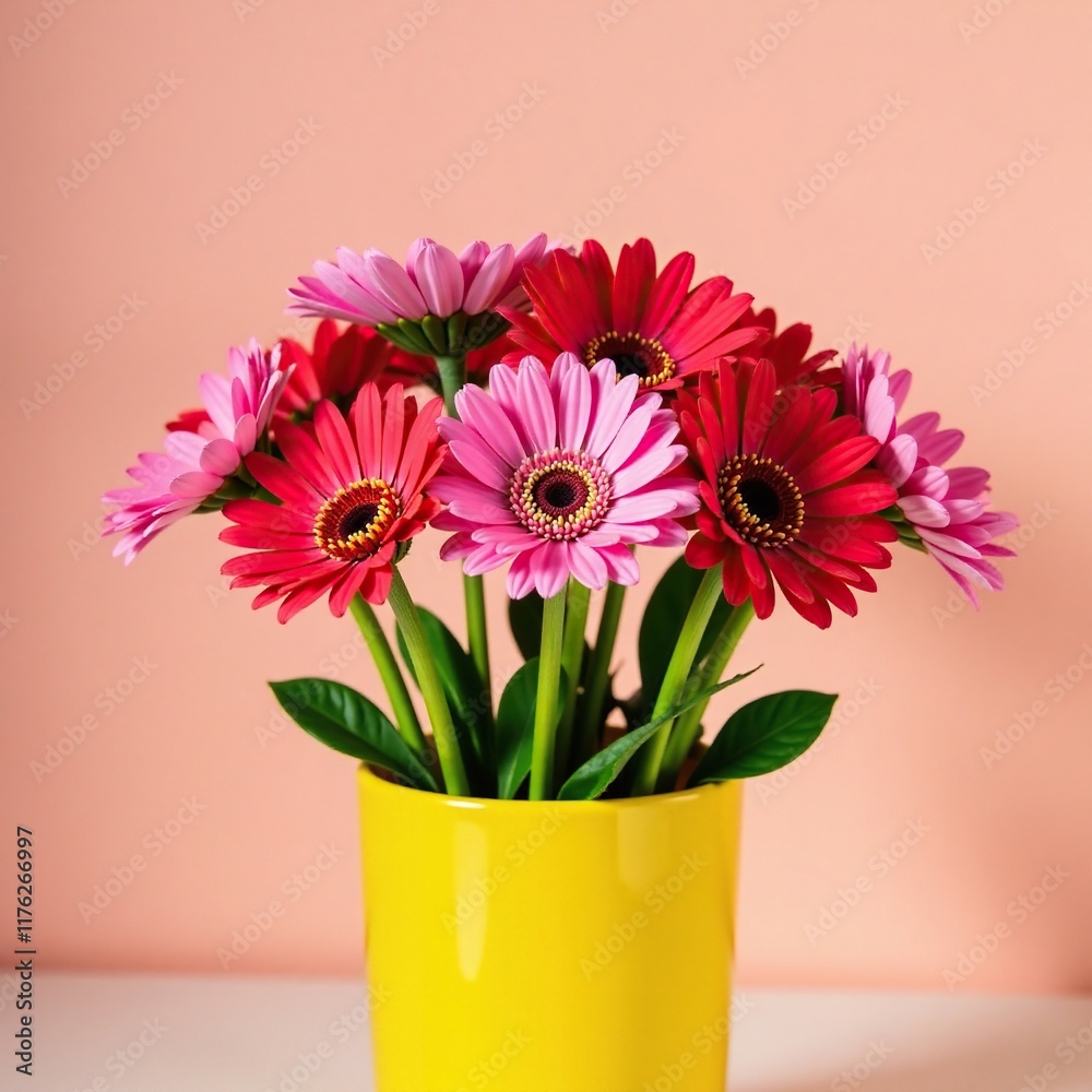 Fototapeta premium Pink and red gerbera daisies in a bright yellow vase, pink, red