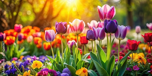 Wallpaper Mural Vibrant Spring Tulips and Pansies Blooming in Garden Bed -  Copy Space Torontodigital.ca