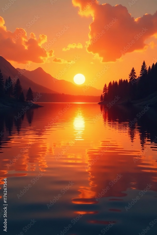 Obraz premium Warm orange tones illuminate calm lake surface, fading sunset, lake reflections, water ripples