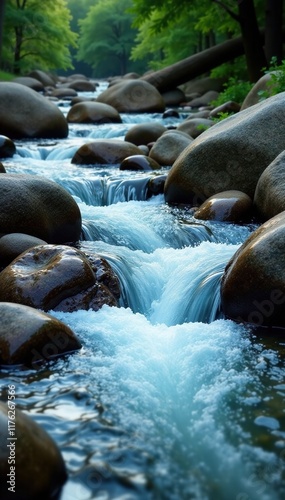 Water flows over rounded stones in blue river stream, nature scene, rock, flowing water