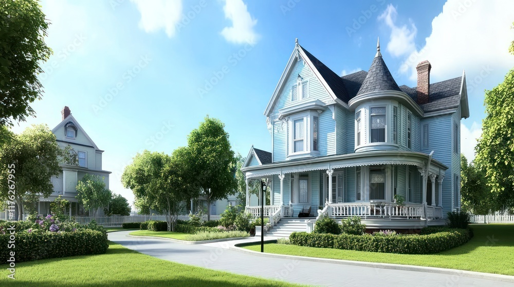 A charming blue Victorian house surrounded by lush greenery. A charming blue Victorian house surrounded by lush greenery.