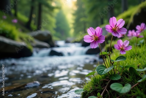 Purple codonopsis ussuriensis flowers in a mountain stream, wildflower, ussuriensis photo