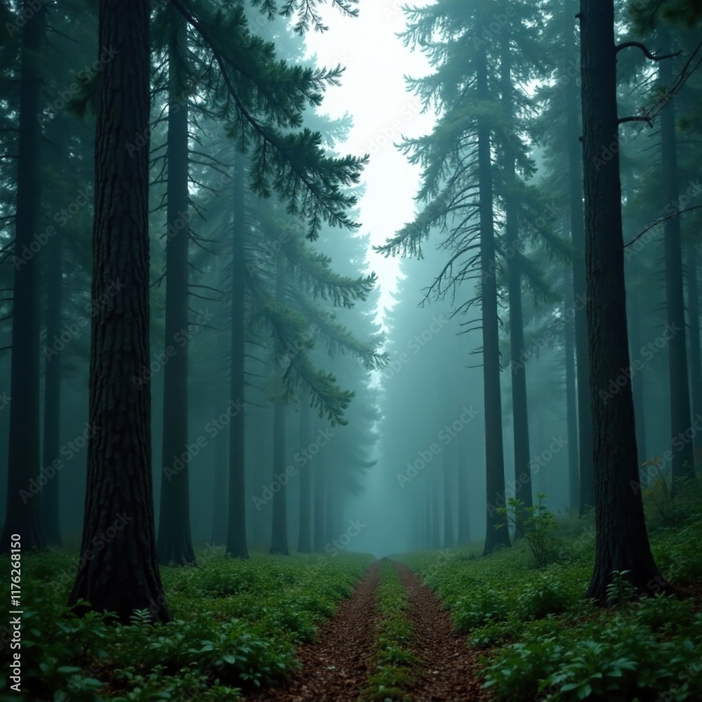 Fototapeta premium Dense foliage of dark green pine trees in misty forest, pine forest, atmospheric conditions