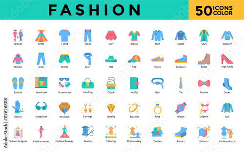 Fashion icons set with fashion, dress, t shirt, pants, skirt, blouse, shirt, jacket, coat, sweater icon. Simple flat color vector 
