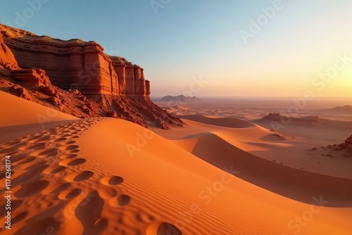 Dune landscape at golden hour with red sandstone formations, geological formations, Al Wathba fossil dunes, arid landscape photo