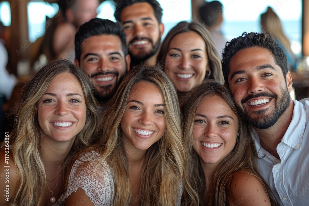 A team of professionals is smiling and posing for a group photo at a corporate event, Generative AI 