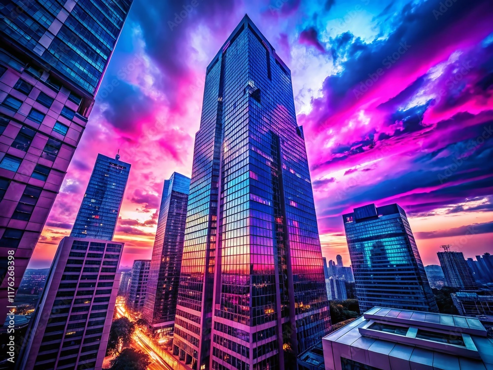 Obraz premium Majestic Skyscraper Dusk - Blue Magenta Cityscape Night Photography