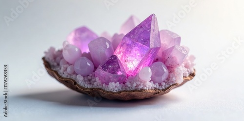 Softly glowing lepidolite crystal on white background, earthy, serene