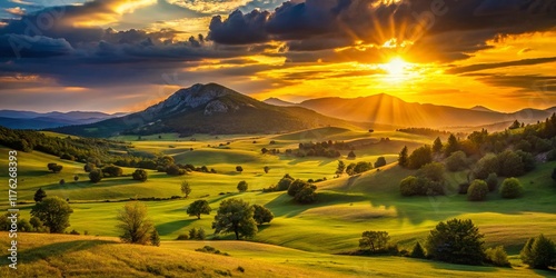 Majestic Silhouette of Green Meadows at Sunset, Northern Velebit National Park, Croatia
