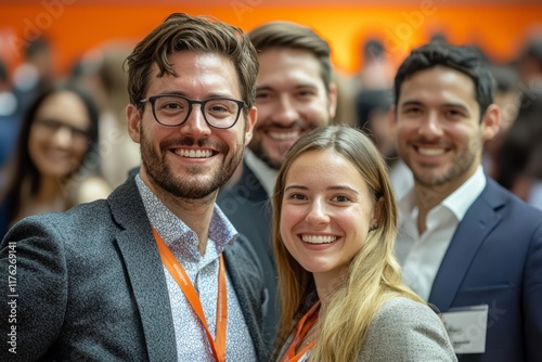 Colleagues stand together for a group photo at a corporate event. Their smiles show pride, Generative AI