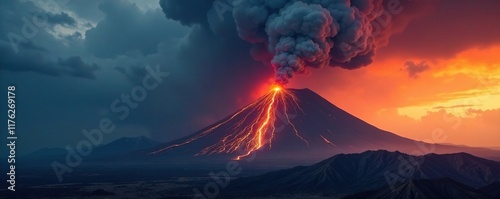 Thick dark clouds of smoke surround a volcano, dark haze, explosive volcanic eruption photo