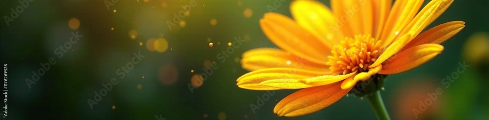 Glittering orange drops falling from a bright yellow flower, glitter, drops, sparkles Glittering orange drops falling from a bright yellow flower, glitter, drops, sparkles