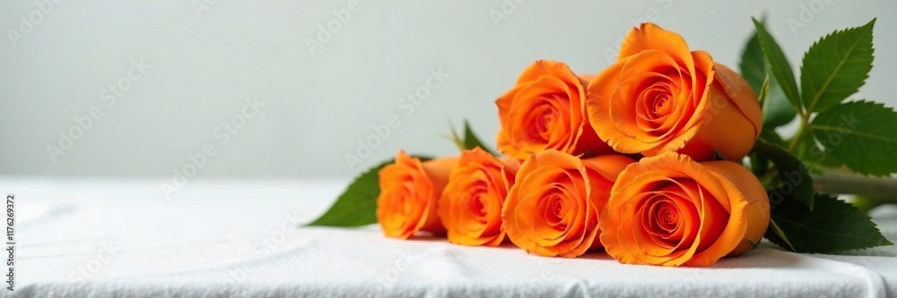 Orange roses stacked high on a simple white tablecloth, flowers, fabric, arrangement Orange roses stacked high on a simple white tablecloth, flowers, fabric, arrangement