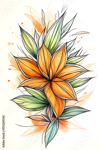 A drawing of a flower with green leaves and orange petals. The drawing is colorful and has a happy, cheerful mood