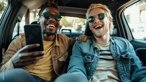 
Two men are talking on the back seat of a car, one is african american and other is blonde, they are passengers, happy, and are holding a smartphone