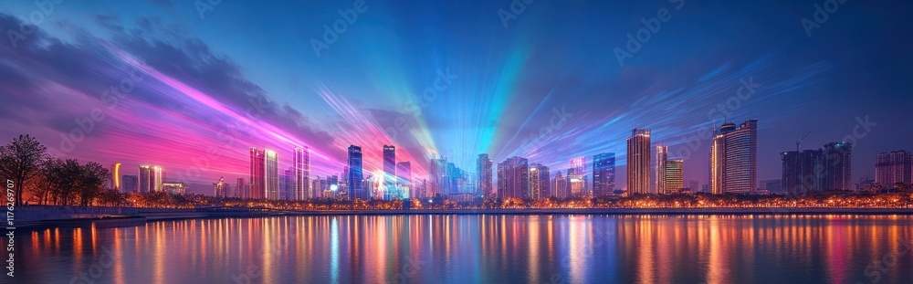 Fototapeta premium Vibrant and dynamic cityscape skyline with illuminated modern high rise skyscrapers and buildings reflected on the river at dusk