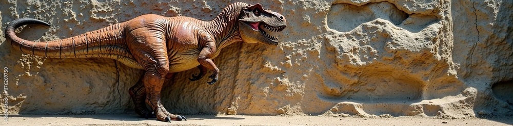 Fototapeta premium Isolated Tyrannosaurus Rex body against a natural stone texture, raw, isolated