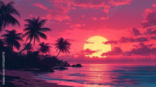 Tropical Sunset Silhouetted Palms Vibrant Hues Serene Beach