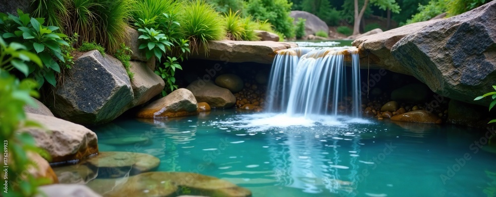 Naklejka premium A gentle waterfall cascades into a crystal-clear pool, serenity, calm, pool