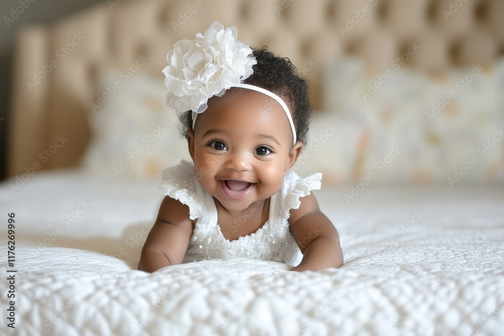 Adorable baby girl in white dress, flower headband. Perfect for products targeting babies, family, or joy. Adorable baby girl in white dress, flower headband. Perfect for products targeting babies, family, or joy.