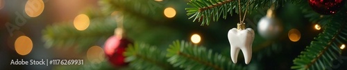 Delicate white tooth ornament dangles from a branch, Christmas tree, ornaments