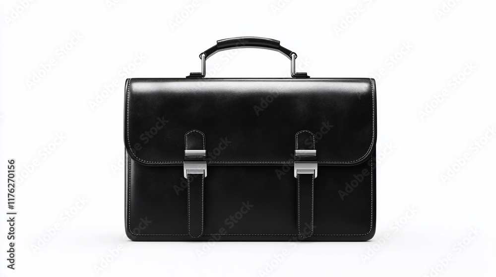 A sleek black leather briefcase with metal clasps and handle. A sleek black leather briefcase with metal clasps and handle.