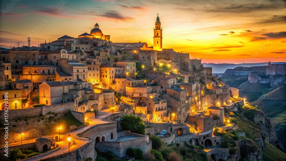 Fototapeta premium Matera Sassi: Breathtaking Bokeh Sunset over Ancient Italian Caves