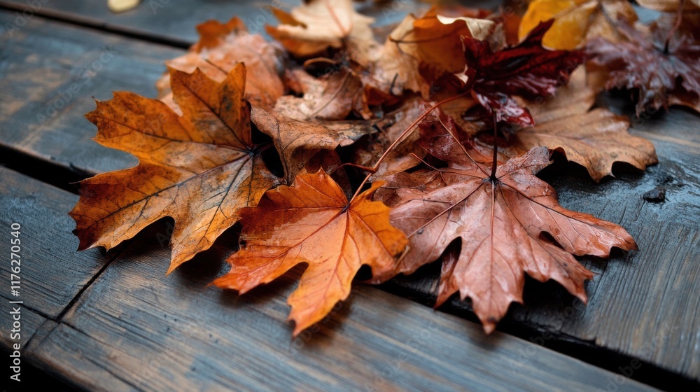 Obraz premium A collection of vibrant autumn leaves in various shades of orange and brown rests on a wooden surface, showcasing the beauty of fall.