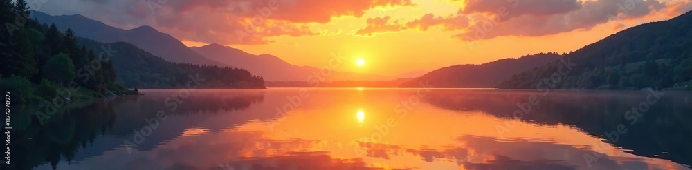 Serene lake with a warm glow of sunset on the water, warm, lake, peaceful Serene lake with a warm glow of sunset on the water, warm, lake, peaceful