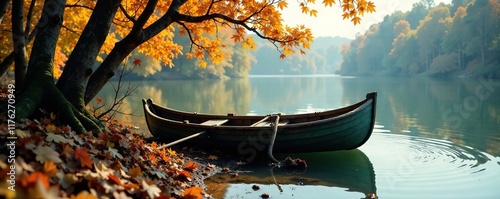 Rowboat tangled in vines and branches on the lake shore, autumn leaves, branches, trees photo