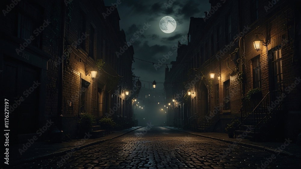 Obraz premium Noir Image Dark Mysterious City Village Anime Game Scene