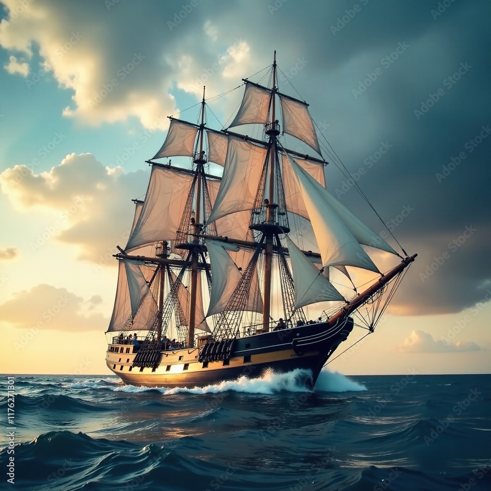 Mast and beam of a full rigged tall ship in rough seas with waves, waves, stormy sky, nature Mast and beam of a full rigged tall ship in rough seas with waves, waves, stormy sky, nature