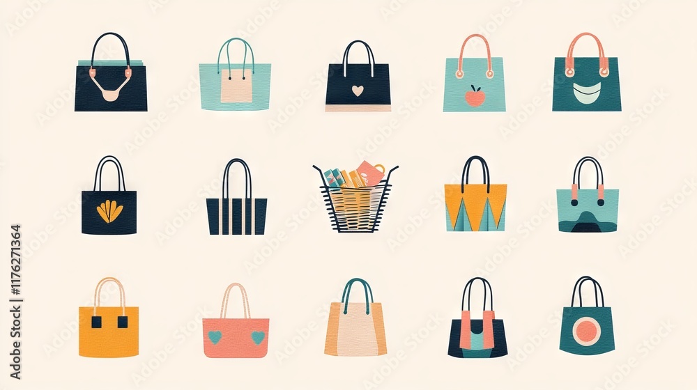 Fototapeta premium 25.Shopping Bags and Baskets Flat Vector Illustrations Set