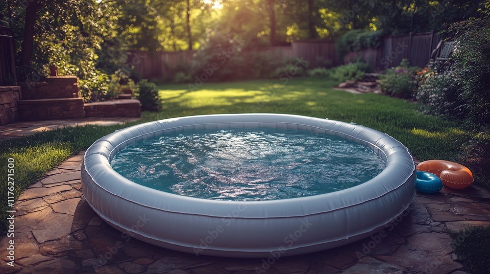 Inviting Inflatable Pool in a Serene Garden Setting Inviting Inflatable Pool in a Serene Garden Setting