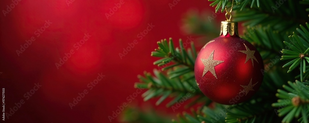 Fototapeta premium A delicate red-gold star hangs from a Christmas tree branch, red, evergreen, tree