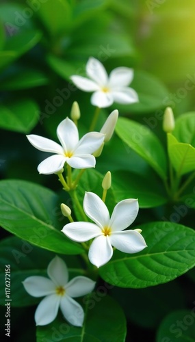 Delicate white jasmine flowers against the backdrop of lush foliage, soft light, botanical photography