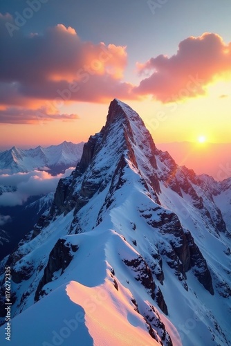 Snowy summit of Krivan bathed in golden light, sunset, illuminated photo