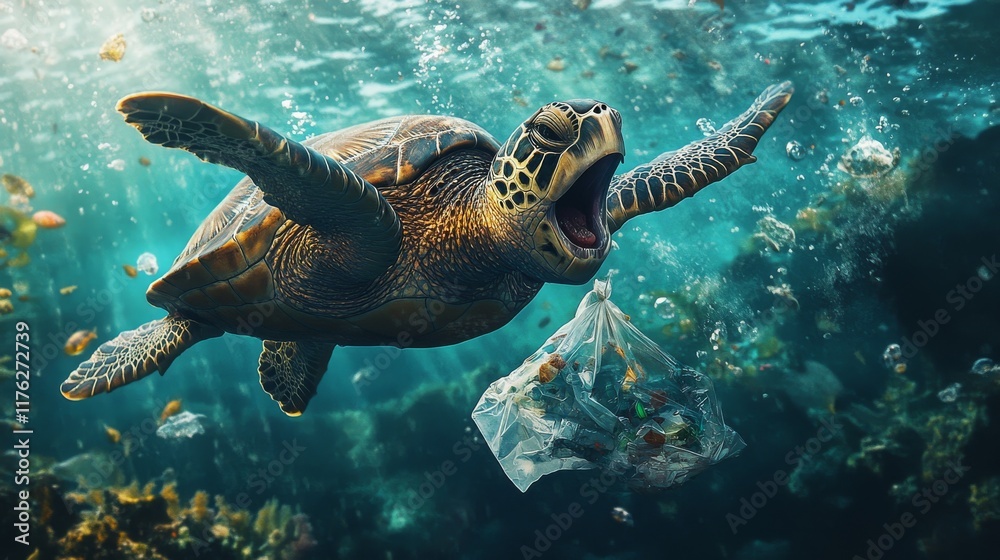Fototapeta premium 111.A distressed sea turtle underwater with its mouth open, attempting to bite into a plastic bag that drifts nearby, with particles of debris scattered throughout the ocean, highlighting the impact
