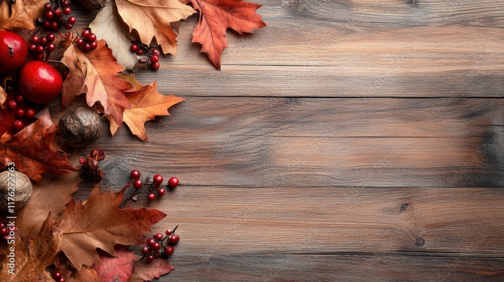 Obraz premium A cozy arrangement of autumn leaves, red berries, and decorative elements on a rustic wooden surface, evoking a seasonal, warm atmosphere.