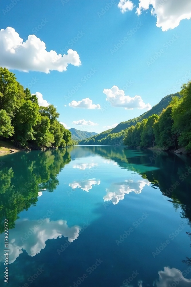 Reflections of a clear blue sky in the calm river, reflections, serenity, water Reflections of a clear blue sky in the calm river, reflections, serenity, water