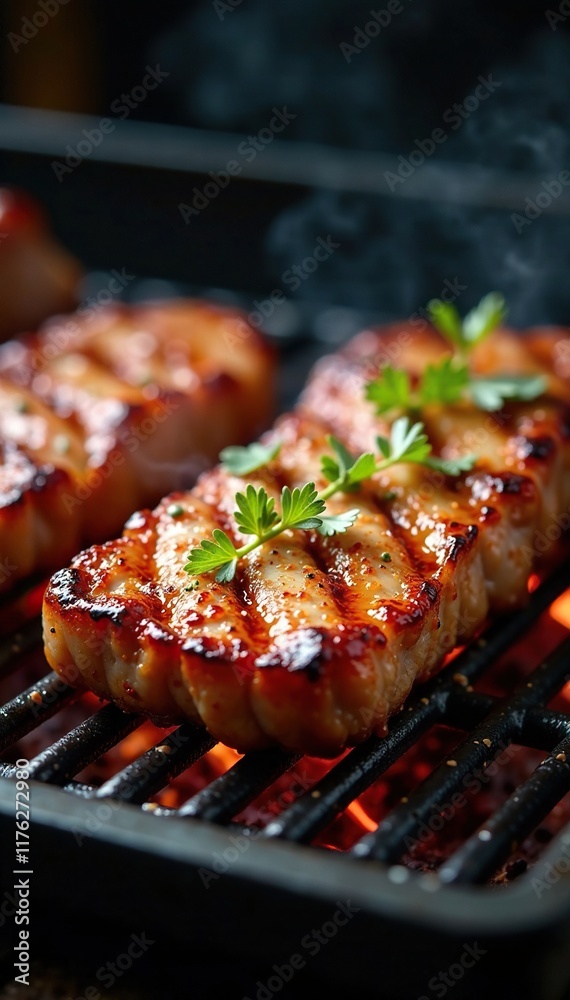 Crispy pork neck on electric grill with juice dripping down, juicy, drip Crispy pork neck on electric grill with juice dripping down, juicy, drip