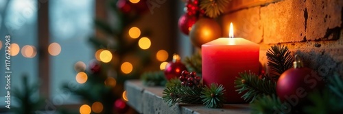 Festive holiday decorations on a mantel with merry Christmas candle, festive mantel, merry christmas,