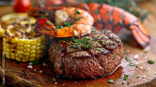Delicious grilled steak with shrimp and corn on wooden board, garnished with fresh herbs, perfect for summer barbecue meal that seafood and meat lovers will enjoy.