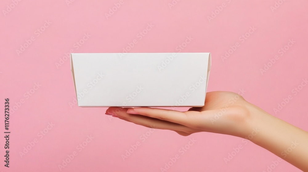 115.Female Hand Holds White Cardboard Packaging for Tea, Coffee, Snack on Pink Background 115.Female Hand Holds White Cardboard Packaging for Tea, Coffee, Snack on Pink Background